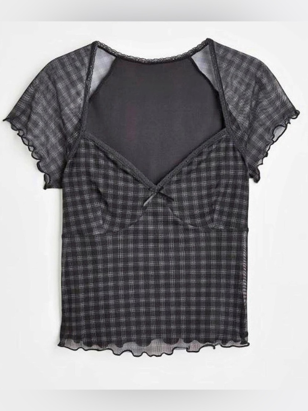 Plaid Tank Top Gingham Short Sleeve Top with Ruffle Hem and Mesh Cap Sleeve